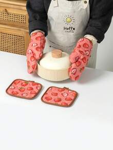 Strawberry Pattern Thickened Kitchen Microwave Oven Gloves And Pot Holders Set, Suitable For Home Kitchen, Dining Room, Oven, 2pcs/4pcs Set - Strawberry - View 5