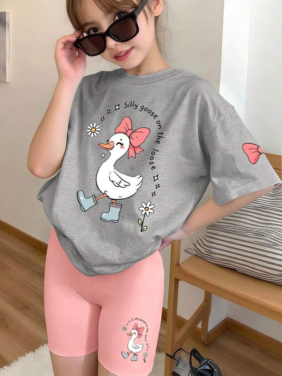 Bộ 2 món gồm áo thun và quần short họa tiết vịt hồng hoạt hình dễ thương - Trang phục mới cho bé gái mùa xuân/hè. - Xám - Xem 1