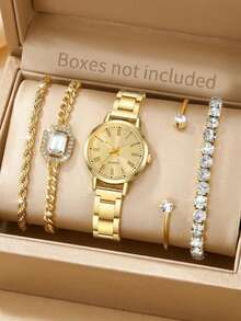 4 Stücke Damen Quarz Uhr Halskette Ohrringe Ring Schmuckset, elegant und wunderschön, minimalistisches Retro Römisches Zifferblatt für den täglichen Gebrauch, Partydekoration oder als Geschenk zu Valentinstag, Muttertag, Geburtstag, verschiedene Festtage für Freunde und Mütter - Verschiedenfarbig - Übersicht 6