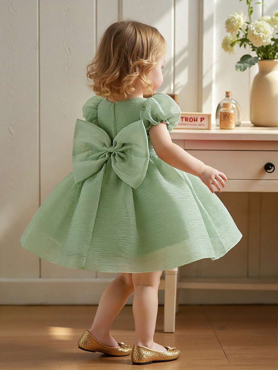 Đầm công chúa tay phồng, nơ to, họa tiết ngôi sao bằng vải lưới dễ thương cho bé gái, thích hợp dự tiệc sinh nhật, đám cưới, tiệc tùng, dã ngoại, kỳ nghỉ. Không bao gồm băng đô cài tóc. - màu xanh lá - Xem 1