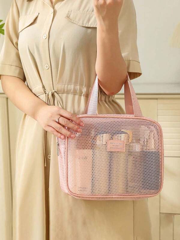 1pc Lightweight Mesh Shower Bag, Foldable Beach Tote Bag, Large Capacity Portable Toiletry Bag, Beach Toy Storage Bag, Hollow Transparent Quick-Dry Bag, Transparent Mesh Beach Bag, Portable Bathroom Hanging Storage Bag, Summer Essential