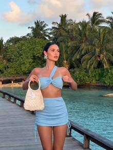 夏季女款性感露肩針織腰帶百褶比基尼三件套，海灘度假派對時尚優雅休閒泳衣套裝 - 藍色 - 查看 2