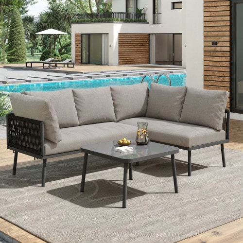 Garden Lounge Set Made Of Iron, Garden Furniture Set Made Of Green Rope, L-Shaped Garden Furniture Set, Lounge Set Made Of Green Rope With Seat Cushions, Adjustable Feet, 2 Sofas And 1 Table - Grey - View 1