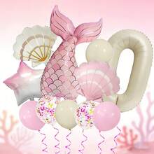 1 Set Mermaid Themed Balloon Set, Includes 32" Ivory Number Balloon, 39.37" Pink & Gold Mermaid Tail Balloon, 26" Pearl White & Pink Shell Balloons, 18" Pink & White Gradient Star Balloons, Suitable For Birthday Gifts, Mermaid Princess Themed Parties, Ocean Themed Events, Dream Theme, Easy To Create A Dreamy And Sweet Underwater Princess Atmosphere - View 3