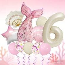 1 Set Mermaid Themed Balloon Set, Includes 32" Ivory Number Balloon, 39.37" Pink & Gold Mermaid Tail Balloon, 26" Pearl White & Pink Shell Balloons, 18" Pink & White Gradient Star Balloons, Suitable For Birthday Gifts, Mermaid Princess Themed Parties, Ocean Themed Events, Dream Theme, Easy To Create A Dreamy And Sweet Underwater Princess Atmosphere - View 9