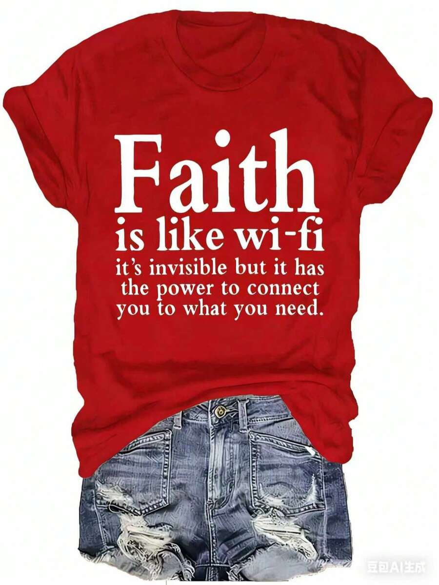 Women Christian Faith Letter Print T-Shirt, Faith Is Like Wi-Fi Graphic Round Neck Short Sleeve 100% Cotton Summer Top, Plus Size All Season - 紅色 - 查看 1