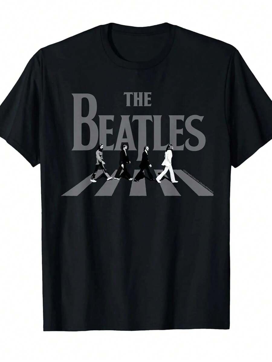 Men's Graphic T-Shirt, Men's Funny T-Shirt, Men's T-Shirt - Beatles Iconic Abbey Road Album Cover T-Shirt, Soft And Breathable Casual Short Sleeve Crew Neck Tee For Everyday Use In All Seasons And For Music Fans, Vintage Inspired Crop Top, Cotton T-Shirt. - 黑色 - 查看 1