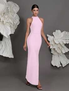 Backless Knitted Bandage Dress, European And American Luxury New Style, Sexy Slit Evening Gown, Fitted Pencil Dress For Family Parties And Formal Occasions Party Wedding Spring - Baby Pink - View 4