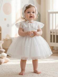 女婴高档蕾丝刺绣白色洗礼服,适合婚礼、生日派对等场合,附赠帽子,0-2岁 - 白色 - 查看 8