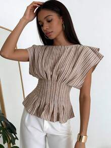 Women's Casual Striped Short Sleeved Shirt Elegant Round Neck Everyday Commuting Top Loose Fit Lightweight Basic Blouse Apricot Coffee Brown Summer Top - 杏色 - 查看 1