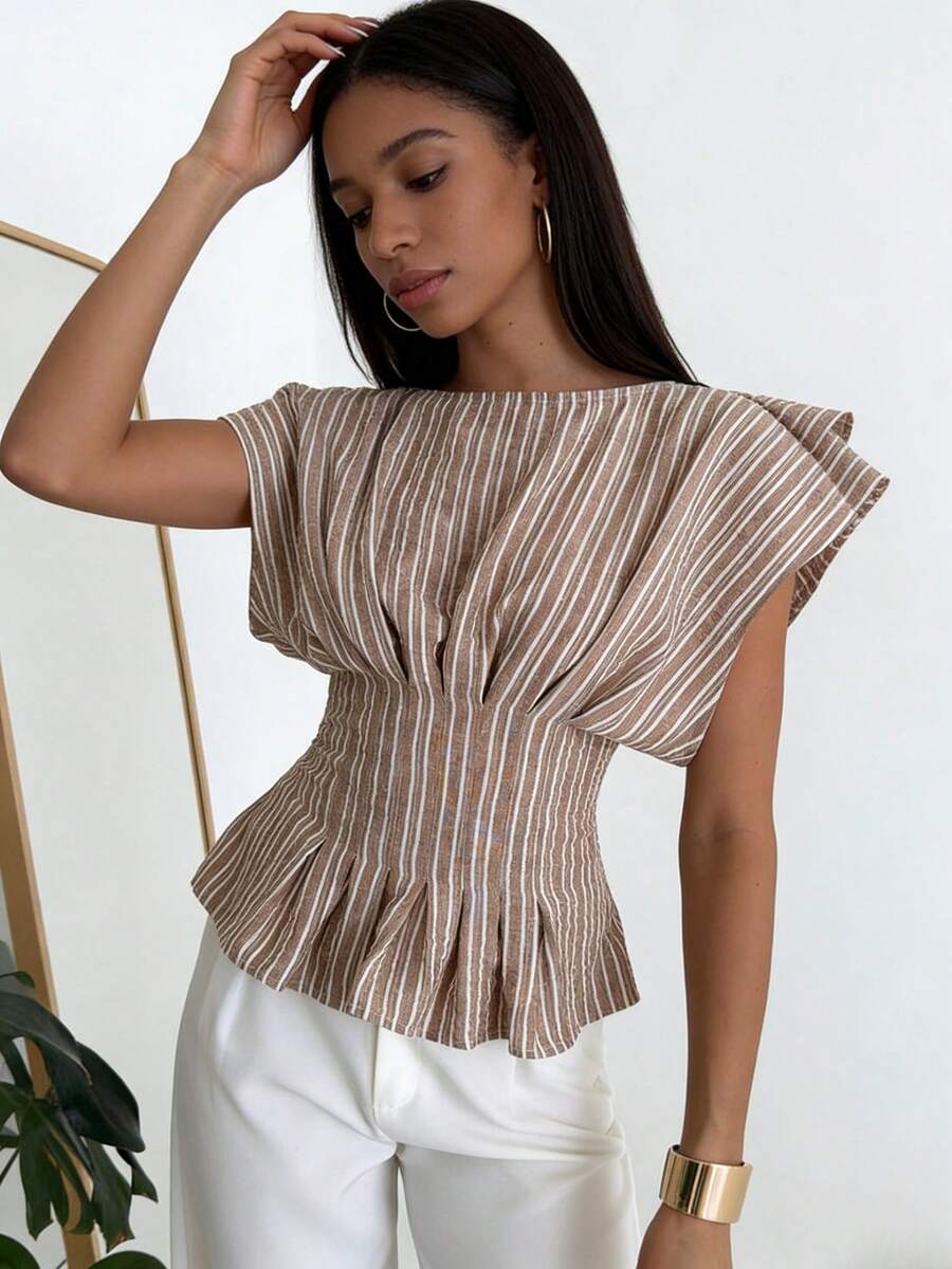 Women's Casual Striped Short Sleeved Shirt Elegant Round Neck Everyday Commuting Top Loose Fit Lightweight Basic Blouse Apricot Coffee Brown Summer Top - 杏色 - 查看 1