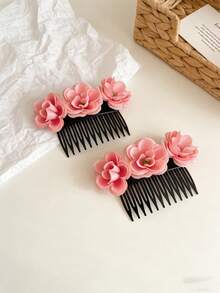 2pcs/Set Girls Realistic Floral Hair Comb, Cute Bun Maker, Hair Accessory For New Year, Wedding, Bridesmaid, Daily, Holiday, Party - Multicolor - View 3