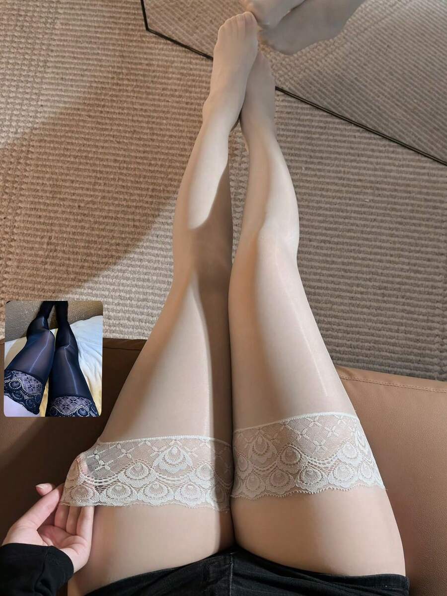 女士蕾丝边过膝长筒袜,柔软丝滑光泽防滑透明丝袜,适合夜店和日常穿着 - 彩色 - 查看 1