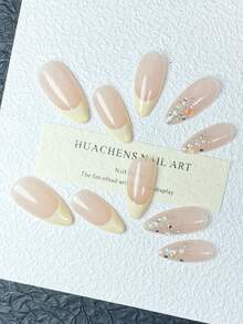 10pcs Handmade Nude Pink & Cream Yellow French Glitter Rhinestone Nail Stickers Set (XS/S/M/L): Nude Pink Base With Cream Yellow French Tips, Accented With Silver Glitter And Colorful Rhinestones, Delicate And Shimmery Texture, Suitable For Daily Commute And Semi-Formal Occasions, Reusable Press On Nails - Champagne - View 8