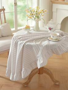 1pc Japanese Style Solid Color Rattan Lotus Edge Round Tablecloth, Woven Fabric, Suitable For Small Gardens, Outdoor Cafes, Kitchens, Bedrooms, All-Season Dining Table Decor - Yarn-dyed Rice Stripe Ruffles - View 10