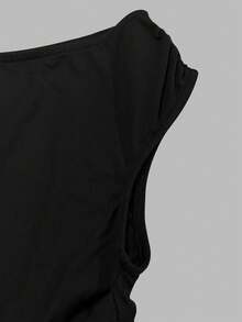 巧克力棕色不对称领口长款连衣裙 | 褶皱腰部金属细节连衣裙，适合约会和活动，黑色 - 黑色 - 查看 6