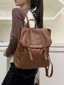 JIANSHANGGUSHI Women's Retro Fashion Backpack, Multi-Pocket Decor Design, Versatile For Commuting - Brown - View 5