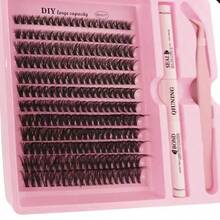 Kit de pestañas en racimos segmentados, incluye pegamento y pinzas, pestañas de extensión individuales, estilo natural y voluminoso, aspecto realista, pestañas de autoextensión fáciles. - Negro - Ver 2