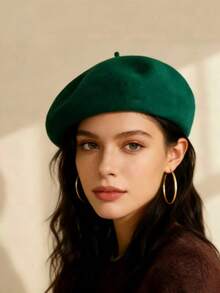1 buah Topi Beret Klasik Hangat Warna Polos, Topi Seniman Minimalis, Musim Panas, Pantai - Hijau - View 3