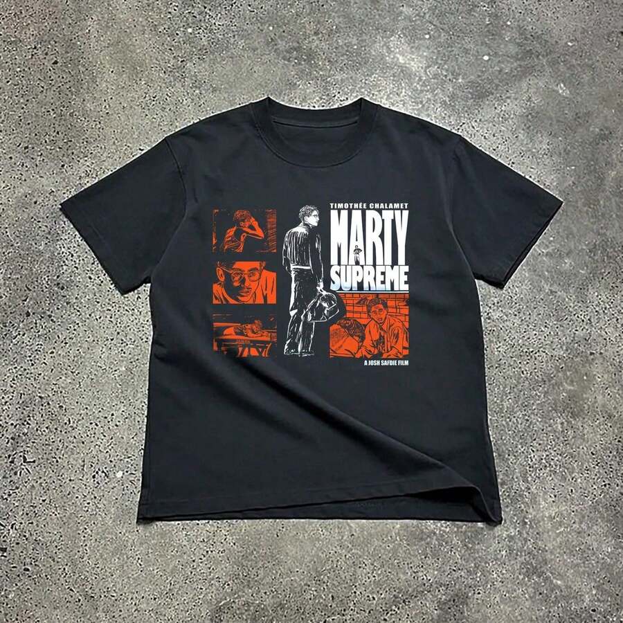 Marty T Shirt Timothe Chalamet Film Graphic Tee Directed By Josh Safdie White Orange Design On Black - 黑色 - 查看 1