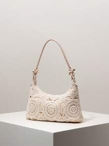 Bolso de Hombro con Estampado Floral para Mujer, Estilo Bohemio, Bolso de Playa de Verano, Esencial para Viajes y Vacaciones, Bolso de Paja - Albaricoque 2 - Ver 3