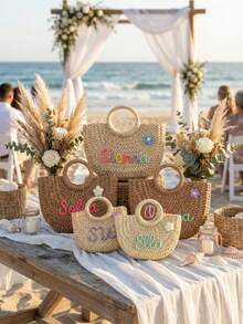 Túi đi biển bằng rơm thiết kế riêng, Túi đi biển cho phù dâu, Túi quà tặng thiết kế riêng, Túi xách tay bằng rơm thiết kế riêng, Quà tặng tiệc cưới, Giỏ hoa cho bé gái cầm hoa - Nhiều màu - Xem 3