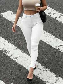 Women's Mid-Rise Stretch Denim Skinny Jeans | Booty-Lifting Slim-Fit Curvy-Fit Trousers - White - View 9