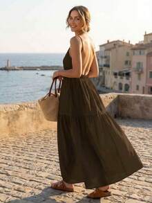 Vacation Casual Solid Color Backless Spaghetti Strap Dress - Coffee Brown - View 3
