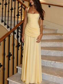 Women's Solid Color Criss-Cross Ruched Bodycon Maxi Dress, Elegant Sexy Party Evening Gown Wedding - Yellow - View 5
