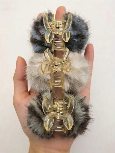 3件套女士条纹亚克力仿兔毛绒球樱桃发夹，可爱蓬松发饰，适合日常佩戴