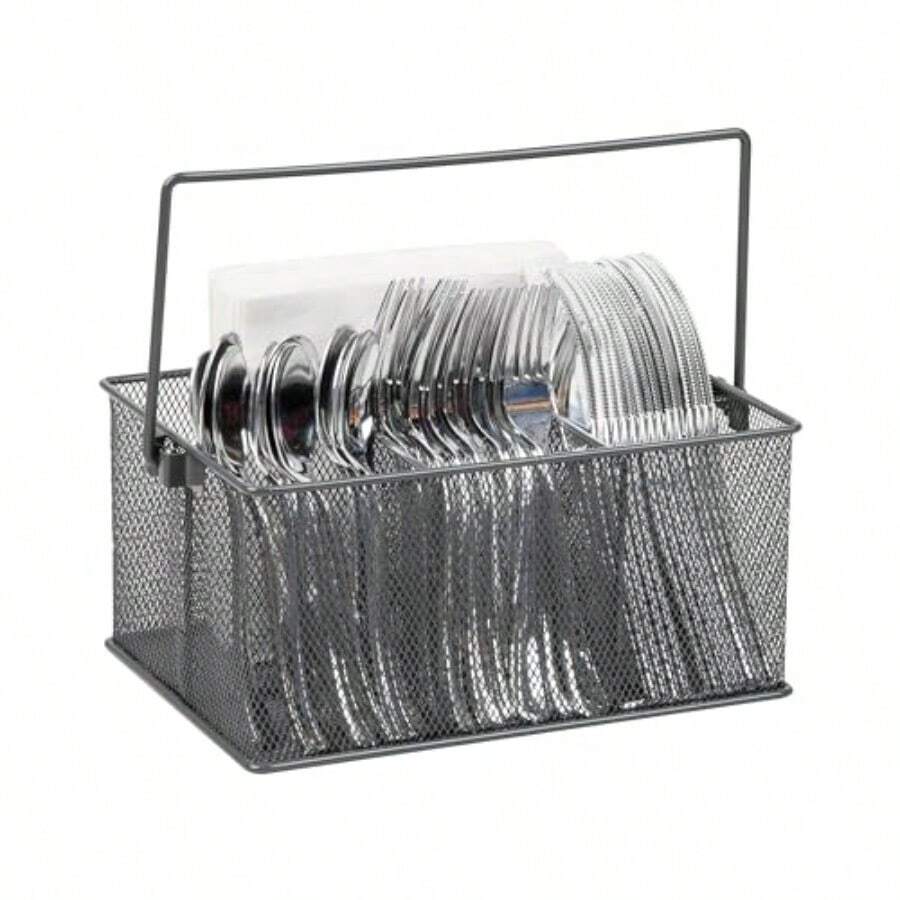 Mind Reader Utensil Holder Silverware Organizer Caddy Cutlery Holder Kitchen Metal Mesh 10"L x 7"W x 4.75"H Gray - Gris - Ver 1