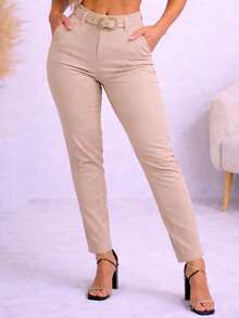 Women's Tailored High-Waisted Trousers With Shaping Belt, Straight Leg, Modern, Slim Fit, Elegant, Premium, Casual, Chic, Party Style - 米色 - 查看 12