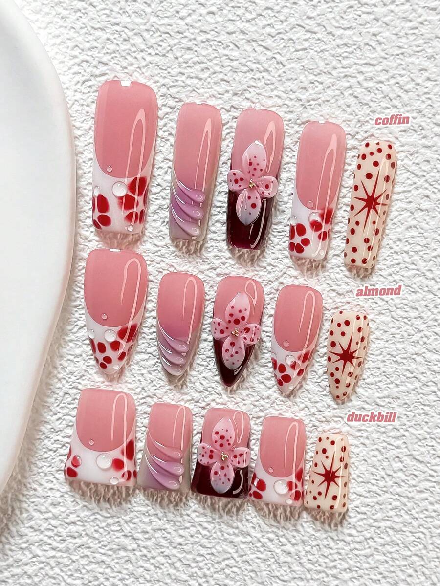 10件套甜美时尚粉色DIY美甲套装，包含凝胶指甲油、仿珍珠贝壳美甲装饰、手工五瓣花和波点美甲贴片，颜色有红/白/浅紫/深棕四种，适合女生，附赠美甲工具（1个果冻贴片+1个指甲锉），三种形状可选：杏仁形、鸭嘴形、棺材形，适合派对、日常佩戴、拍照、春夏通勤等场合。 - 彩色 - 查看 1