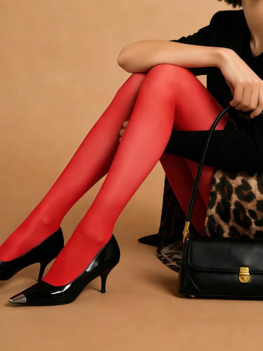 1双女士糖果色时尚连裤袜 - 红色，性感百搭紧身裤 - 紅色 - 查看 1