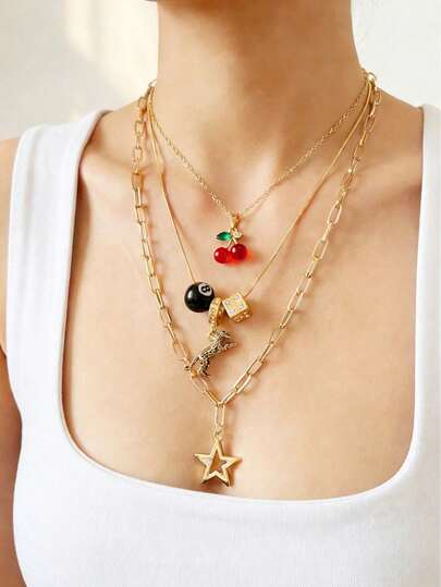 3pcs Leopard & Cherry Necklace Set,Billiard Dice Charm Necklace, Red Cherry Necklace, Fashionable Star Necklace, Classic Leopard Necklace