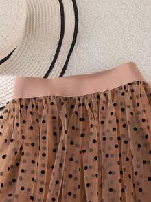 女童复古波点网纱A字裙，休闲街头风 - 棕色 - 查看 3