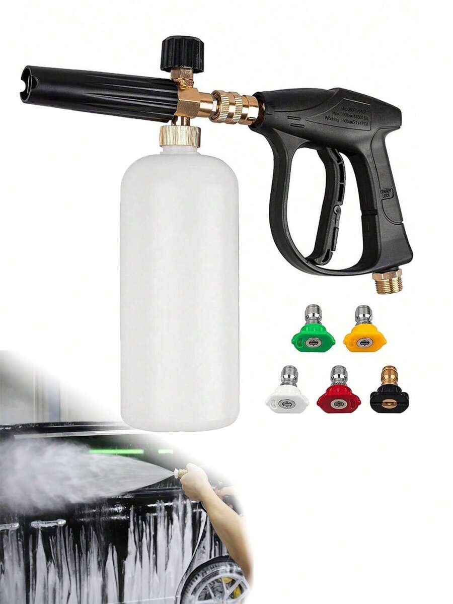 高压清洗枪，适用于汽车清洗，M22-14mm 5个喷嘴，1升可调节泡沫喷枪喷嘴皂液器瓶，适用于汽车清洗、花园灌溉 - 黑色 - 查看 1