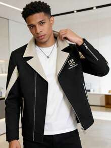 Nueva llegada de Otoño/Invierno: Chaqueta de pana para hombre - Estilo coreano de corte ajustado (Slim-Fit), prenda exterior con cuello tipo blazer y bloques de color; gabardina corta sofisticada y elegante. - Negro - Ver 2