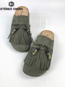 Women's Casual Flat Sandals, Outdoor Slippers, Adorned With Tassels And Beads, Suitable For Daily Commutes And For Spring And Autumn Holiday Outfits. - màu xanh lá - Xem 5