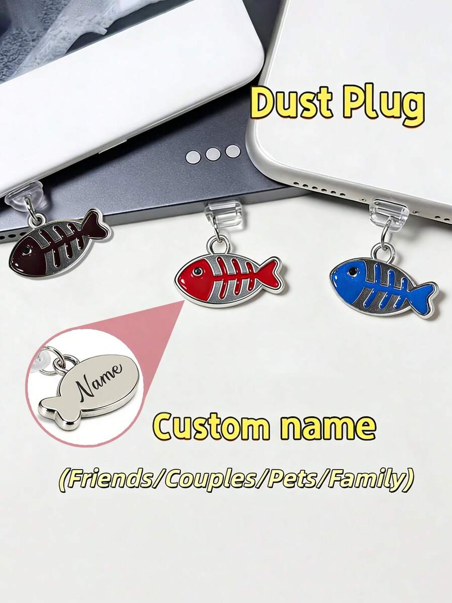 1pc Customized Dust Plug Charm, Personalized Name Applicable For Various Micro-USB, USB-C/Type-C, Apple Lightning Ports - Silver - View 1