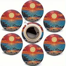 6pcs 2D Printed Ocean & Beach Shell Design Coasters, Made Of PET Material, Suitable For Patio, Kitchen, Living Room, Home Gatherings, Tabletop Decor, Great Gift For Friends & Family On Holidays, Weddings, Mother's Day, Birthdays, Party Accessories - Multicolor C - View 1