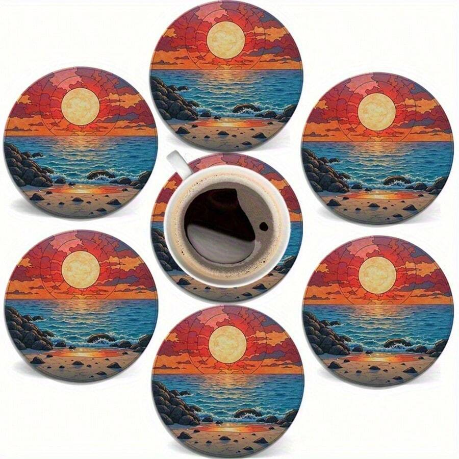 6pcs 2D Printed Ocean & Beach Shell Design Coasters, Made Of PET Material, Suitable For Patio, Kitchen, Living Room, Home Gatherings, Tabletop Decor, Great Gift For Friends & Family On Holidays, Weddings, Mother's Day, Birthdays, Party Accessories - Multicolor C - View 1