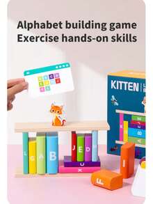 1 Set Wooden Cat Letter Matching Stacking Blocks, Thinking Development Toy, Funny Stackable Blocks For Concentration Training, 2-Player Competition - Multicolor - View 9