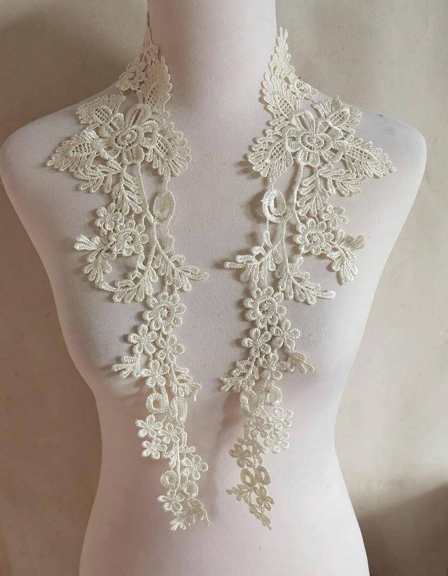 1 Pair Embroidery Applique Wedding Lace Floral Motif Sewing Trims Decoration (Ivory) - Hồng - Xem 1
