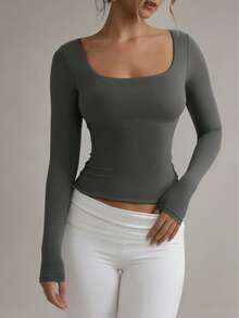 XLLAIS 纯色长袖休闲白色上衣，弹力修身圆领基础款T恤，女士 - 隕石灰色 - 查看 7