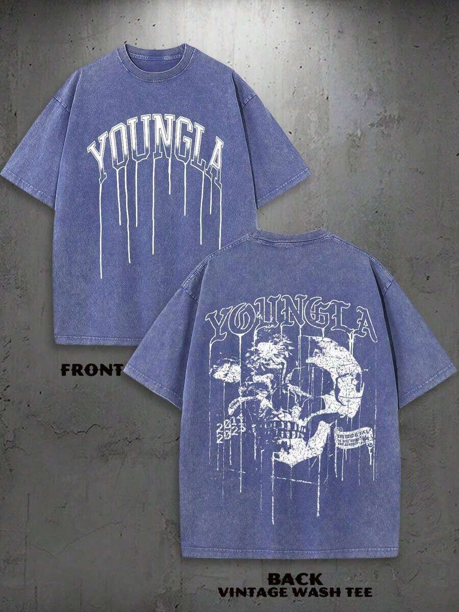 2026 New Arrival Vintage Western Washed Men Vintage Rodeo Style Comfort Tops Men's Vintage Washed Cotton YoungLA Dripping Skull Graphic Oversized T-Shirt - Retro Y2K Streetwear Style Casual Tee, Distressed Gothic Short Sleeve Top Casual Daily Outfits Streetwear Western Graphic Tee - 藍色 - 查看 1
