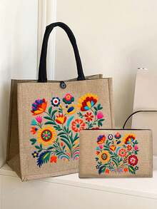 Conjunto de bolso bohemio con estampado floral, conjunto de bolso y cartera de mujer, decoración minimalista, estilo de impresión mexicana que incluye bolso de tela y monedero, bolso de mujer de gran capacidad con estilo de arte de Europa del Este, bolsa de almacenamiento de cosméticos, bolso de tela grande de capacidad minimalista, bolsa de compras casual portátil, bolsa de compras multifuncional. Pequeño regalo de intercambio para la escuela, campus y viajes, Ramadán, Día de la Madre, Día de San Valentín - Multicolor - Ver 7