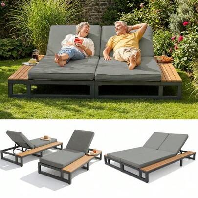 Outdoor Patio Daybed, Outdoor-Liegestuhl, Multifunktionales wasserdichtes Sofabett, Double-Liegebett mit Regalen, Ligstoel voor Patio, Verstellbarer Rückenlehnenwinkel, Grijs, Tweepersoons Loungebed