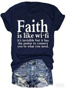 Women Christian Faith Letter Print T-Shirt, Faith Is Like Wi-Fi Graphic Round Neck Short Sleeve 100% Cotton Summer Top, Plus Size All Season - 藏青色 - 查看 1
