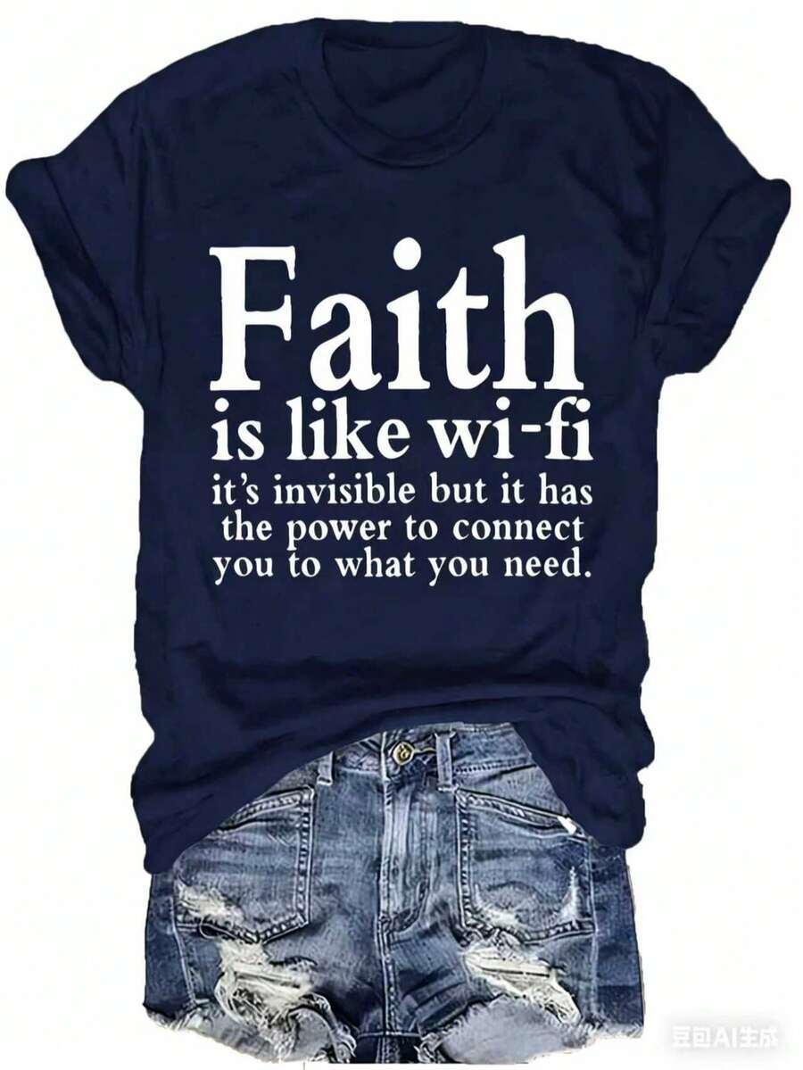 Women Christian Faith Letter Print T-Shirt, Faith Is Like Wi-Fi Graphic Round Neck Short Sleeve 100% Cotton Summer Top, Plus Size All Season - 藏青色 - 查看 1